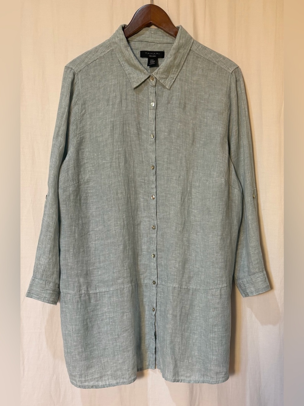 Tahari 100% Linen Button Up Tunic Shirt Roll Tab Sleeve Light Sage Sz 2X